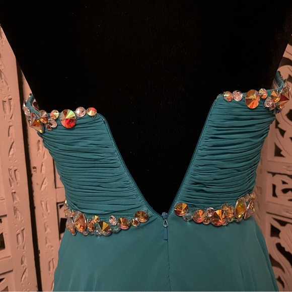 BLUSH PROM JAZZY JEWELS TURQUOISE GREEN STRAPLESS MAXI FORMAL PROM DRESS GOWN - Picture 9 of 11